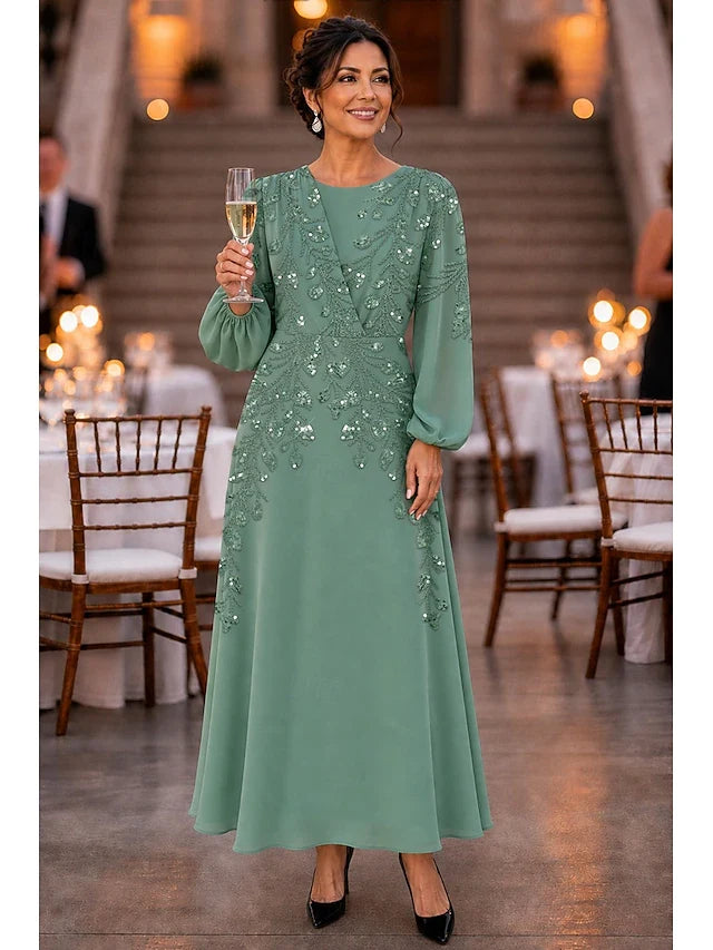 Elegant A-Line Round Neck Long Sleeve Beaded Sage Midi Prom Dress