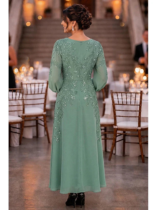 Elegant A-Line Round Neck Long Sleeve Beaded Sage Midi Prom Dress