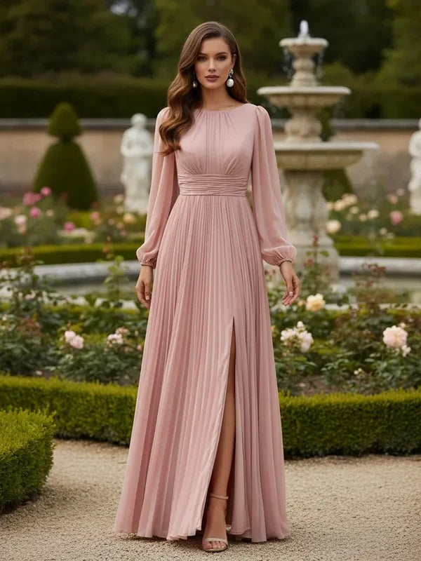 Elegant A-Line Round Neck Long Sleeve Slit Dusty Pink Prom Gown