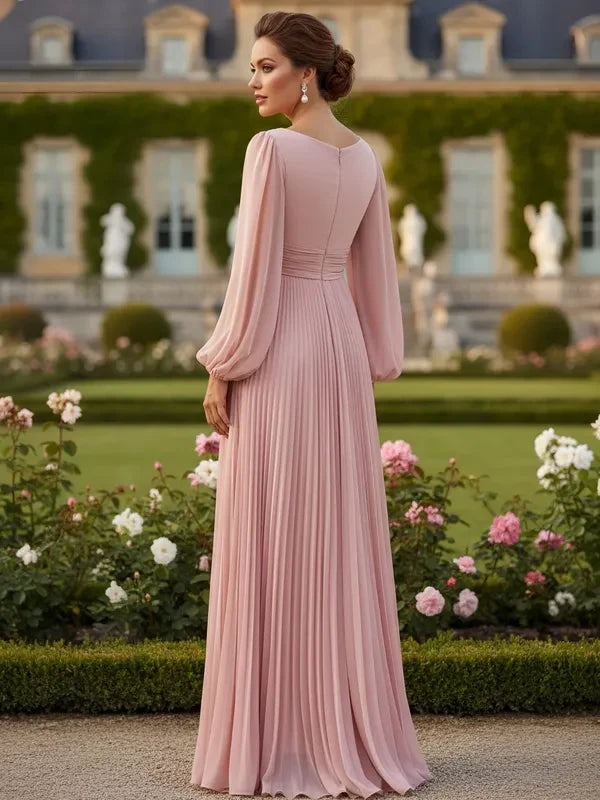 Elegant A-Line Round Neck Long Sleeve Slit Dusty Pink Prom Gown