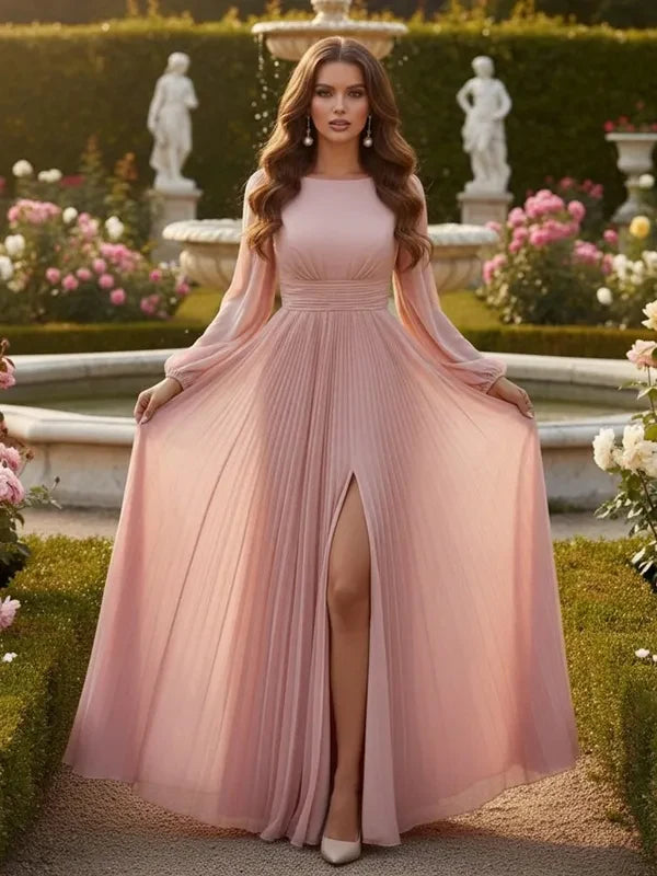 Elegant A-Line Round Neck Long Sleeve Slit Dusty Pink Prom Gown