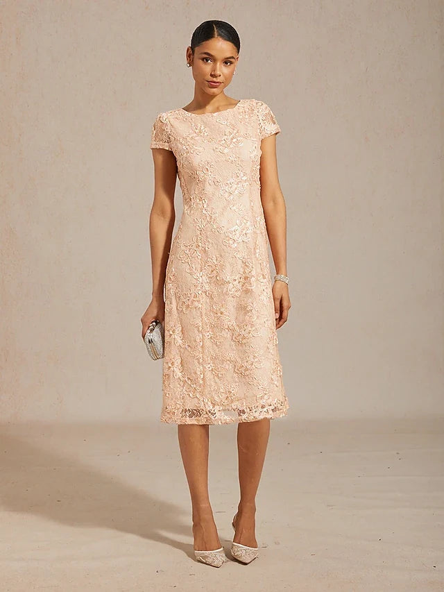 Elegant A-Line Round Neck Short Sleeve Floral Lace Peach Pink Midi Prom Dress
