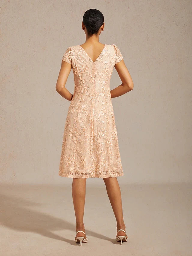 Elegant A-Line Round Neck Short Sleeve Floral Lace Peach Pink Midi Prom Dress