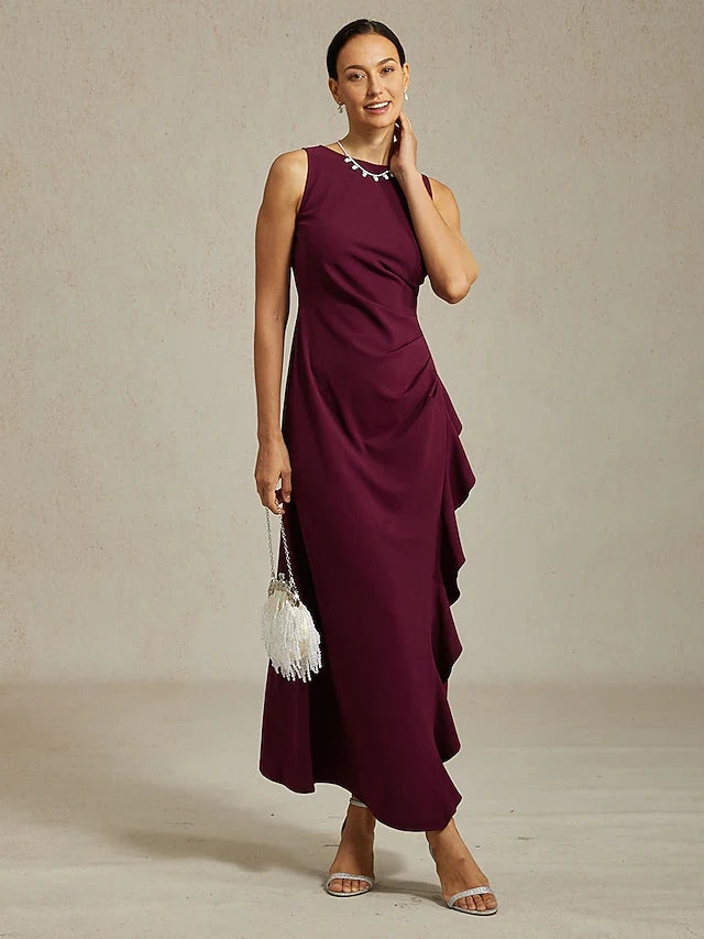 Elegant A-Line Round Neck Sleeveless Draped Ruffle Burgundy Midi Prom Dress Women's Gown