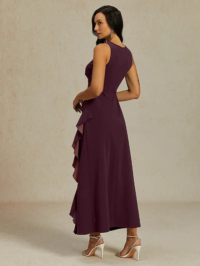 Elegant A-Line Round Neck Sleeveless Draped Ruffle Burgundy Midi Prom Dress Women's Gown