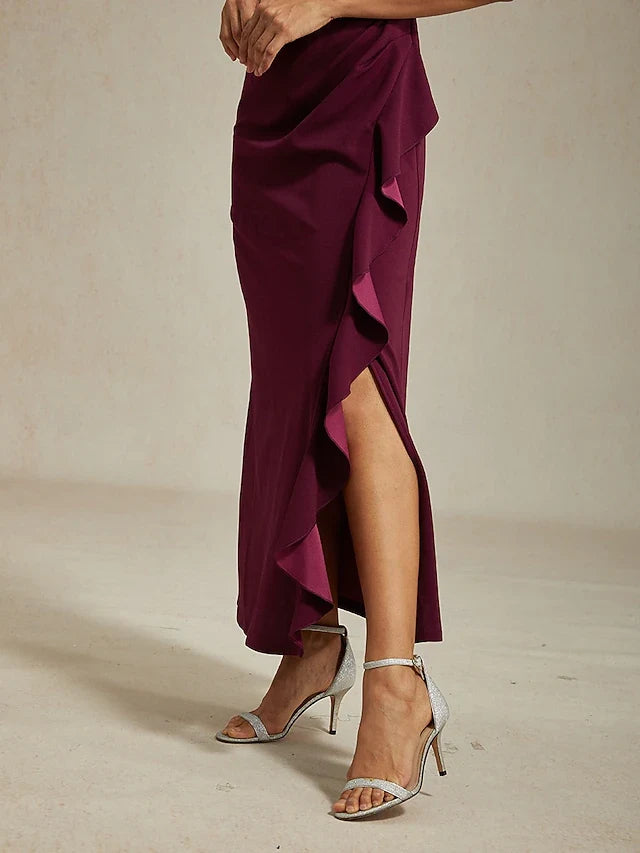 Elegant A-Line Round Neck Sleeveless Draped Ruffle Burgundy Midi Prom Dress Women's Gown