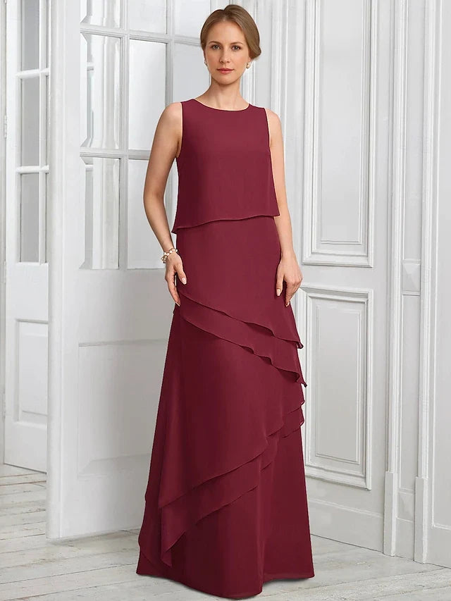 Elegant A-Line Round Neck Sleeveless Layered Sophisticated Burgundy Floor-Length Prom Dress for Women