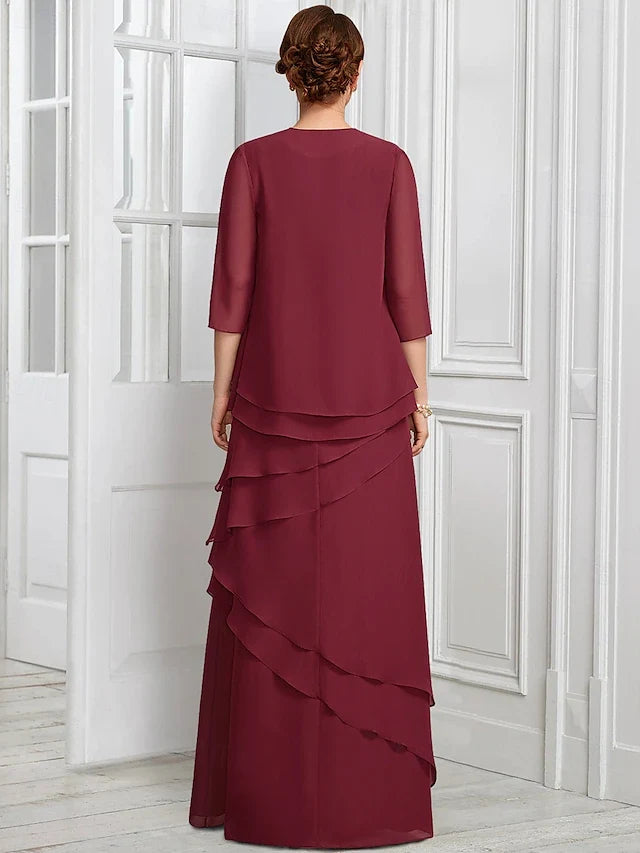 Elegant A-Line Round Neck Sleeveless Layered Sophisticated Burgundy Floor-Length Prom Dress for Women