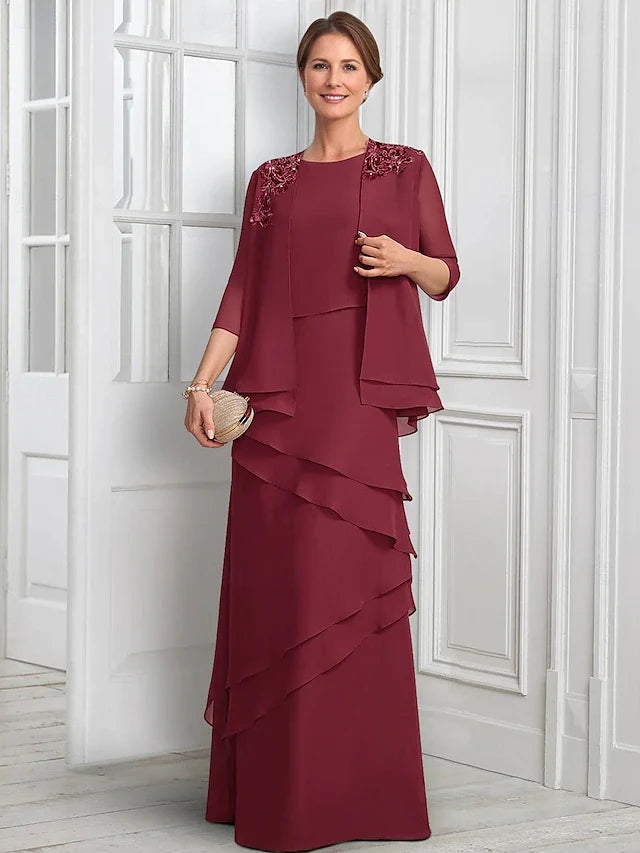 Elegant A-Line Round Neck Sleeveless Layered Sophisticated Burgundy Floor-Length Prom Dress for Women
