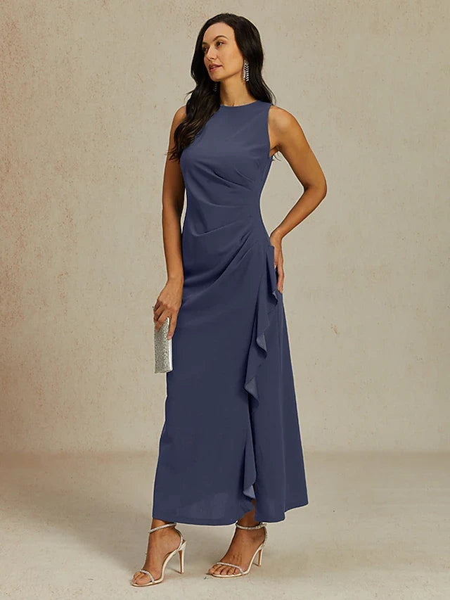 Elegant A-Line Round Neck Sleeveless Ruched Ruffled Navy Blue Midi Prom Dress