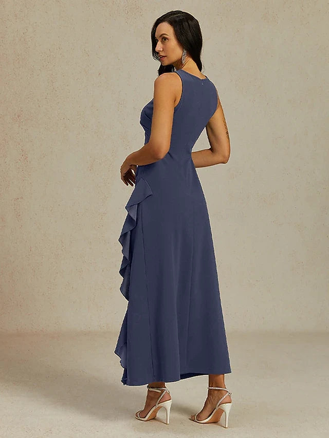 Elegant A-Line Round Neck Sleeveless Ruched Ruffled Navy Blue Midi Prom Dress