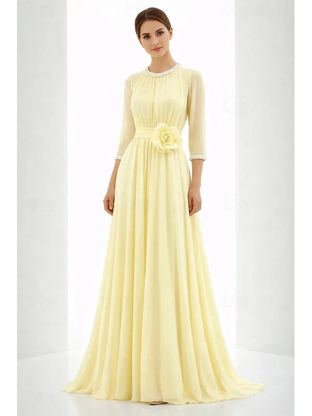 Elegant A-Line Round Neck Three-Quarter Sleeve Pastel Yellow Floor-Length Prom Gown