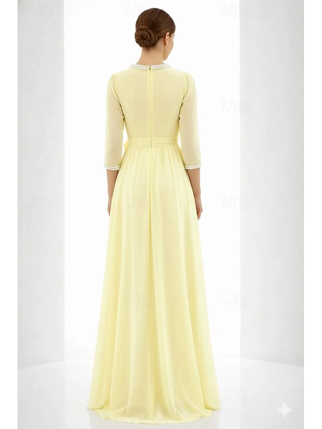 Elegant A-Line Round Neck Three-Quarter Sleeve Pastel Yellow Floor-Length Prom Gown