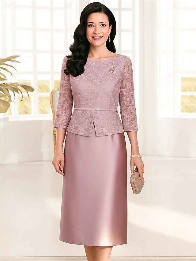 Elegant A-Line Round Neck Three-Quarter Sleeves Lace Peplum Dusty Pink Midi Prom Dress