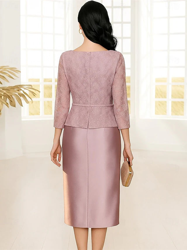 Elegant A-Line Round Neck Three-Quarter Sleeves Lace Peplum Dusty Pink Midi Prom Dress