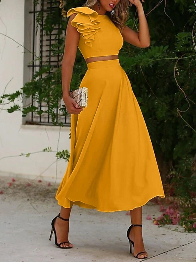 Elegant A-Line Ruffled Sleeveless Crop Top Yellow Midi Prom Dress