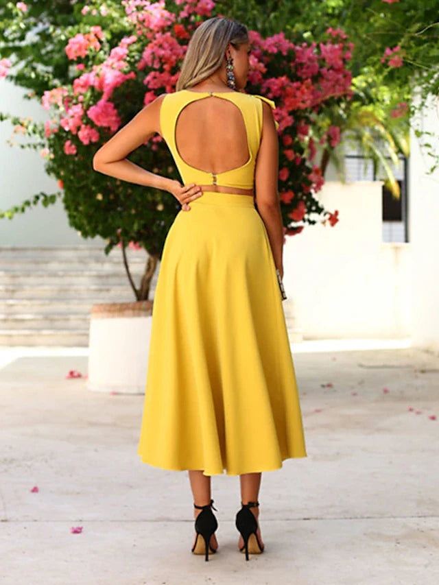 Elegant A-Line Ruffled Sleeveless Crop Top Yellow Midi Prom Dress