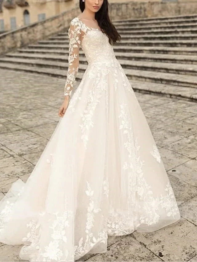 Elegant A-Line Scoop Long Sleeve Lace Ivory Floor-Length Prom Gown