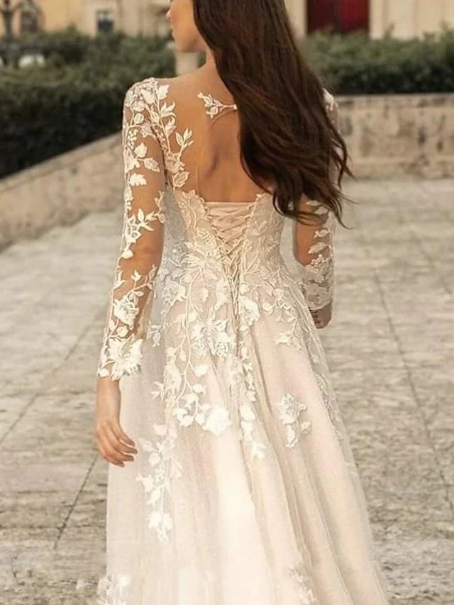 Elegant A-Line Scoop Long Sleeve Lace Ivory Floor-Length Prom Gown