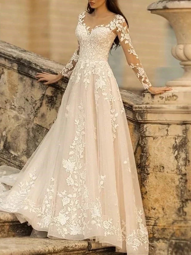 Elegant A-Line Scoop Long Sleeve Lace Ivory Floor-Length Prom Gown