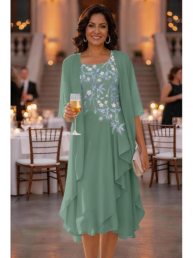 Elegant A-Line Scoop Neck 3/4 Sleeve Embroidered Layered Sage Green Midi Prom Dress