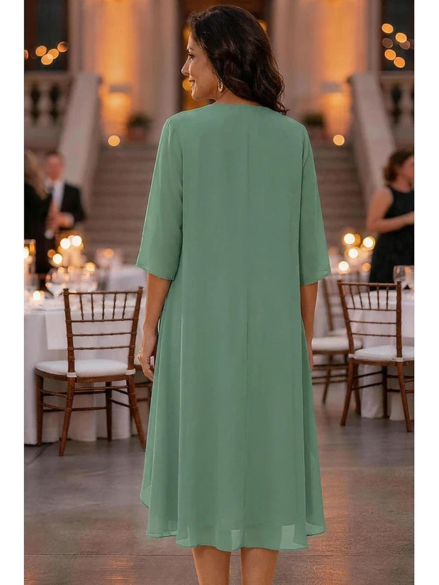 Elegant A-Line Scoop Neck 3/4 Sleeve Embroidered Layered Sage Green Midi Prom Dress