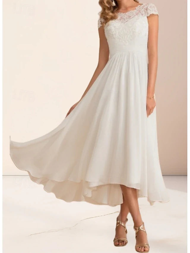 Elegant A-Line Scoop Neck Cap Sleeve Lace White High-Low Prom Gown