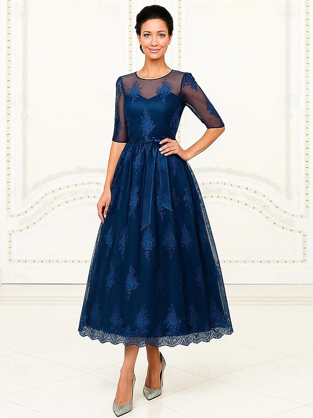 Elegant A-Line Scoop Neck Half Sleeve Lace Navy Blue Midi Prom Gown
