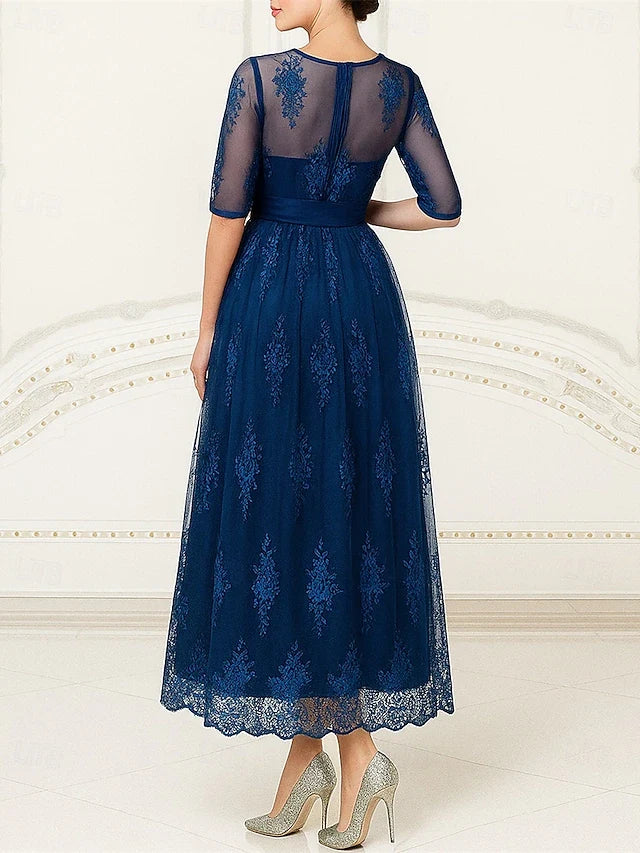 Elegant A-Line Scoop Neck Half Sleeve Lace Navy Blue Midi Prom Gown