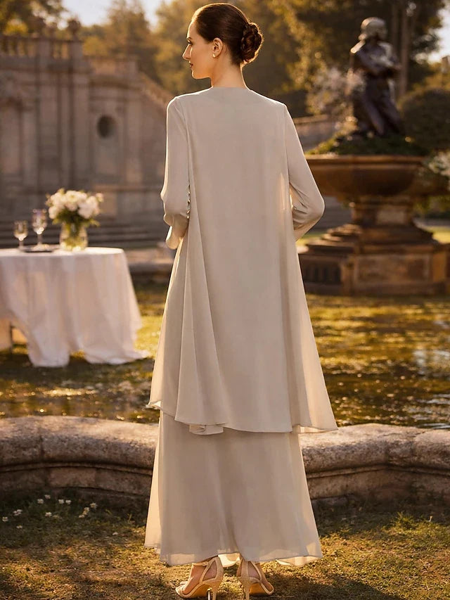 Elegant A-Line Scoop Neck Layered Champagne Beige Floor-Length Prom Dress With Jacket