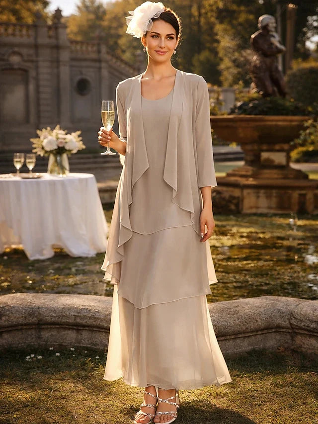 Elegant A-Line Scoop Neck Layered Champagne Beige Floor-Length Prom Dress With Jacket
