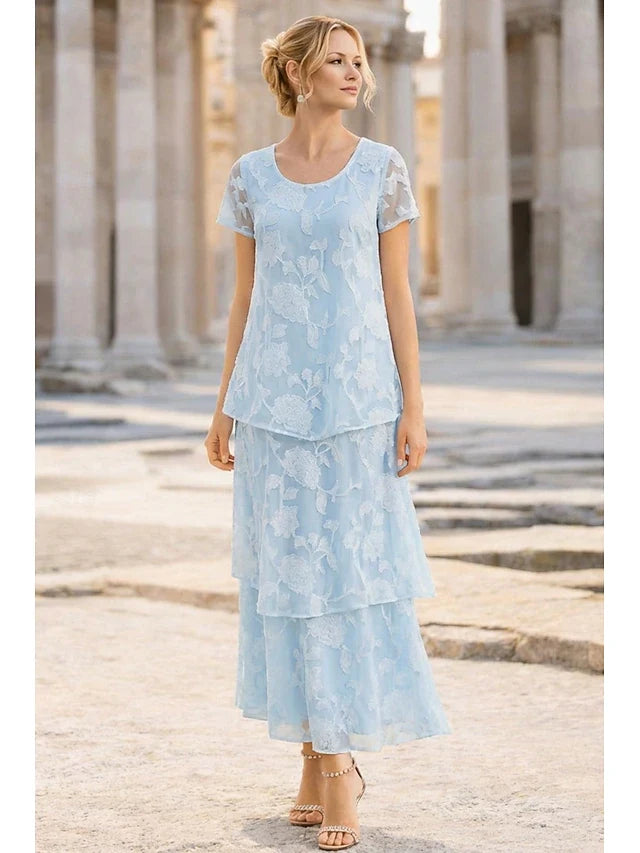 Elegant A-Line Scoop Neck Short Sleeve Tiered Lace Light Blue Prom Dress