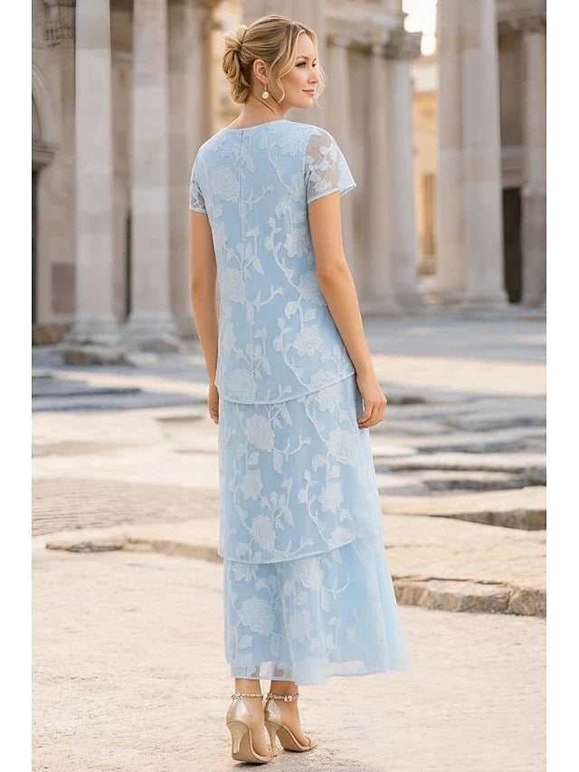 Elegant A-Line Scoop Neck Short Sleeve Tiered Lace Light Blue Prom Dress