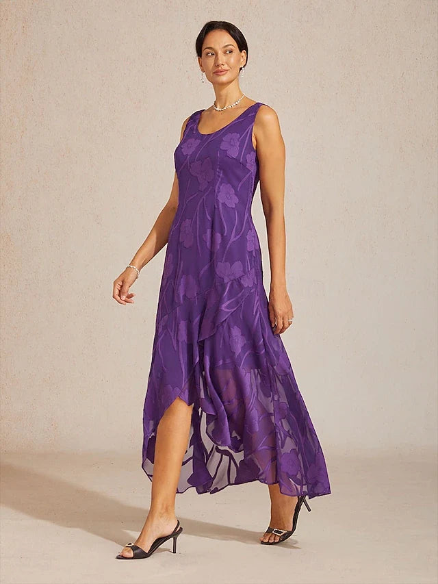 Elegant A-Line Scoop Neck Sleeveless Floral Asymmetrical Purple High-Low Prom Dress