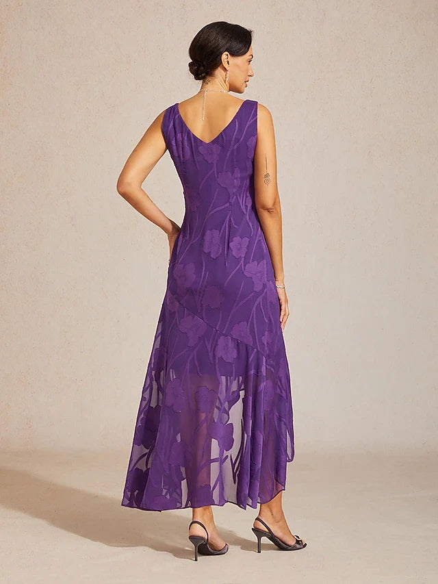 Elegant A-Line Scoop Neck Sleeveless Floral Asymmetrical Purple High-Low Prom Dress