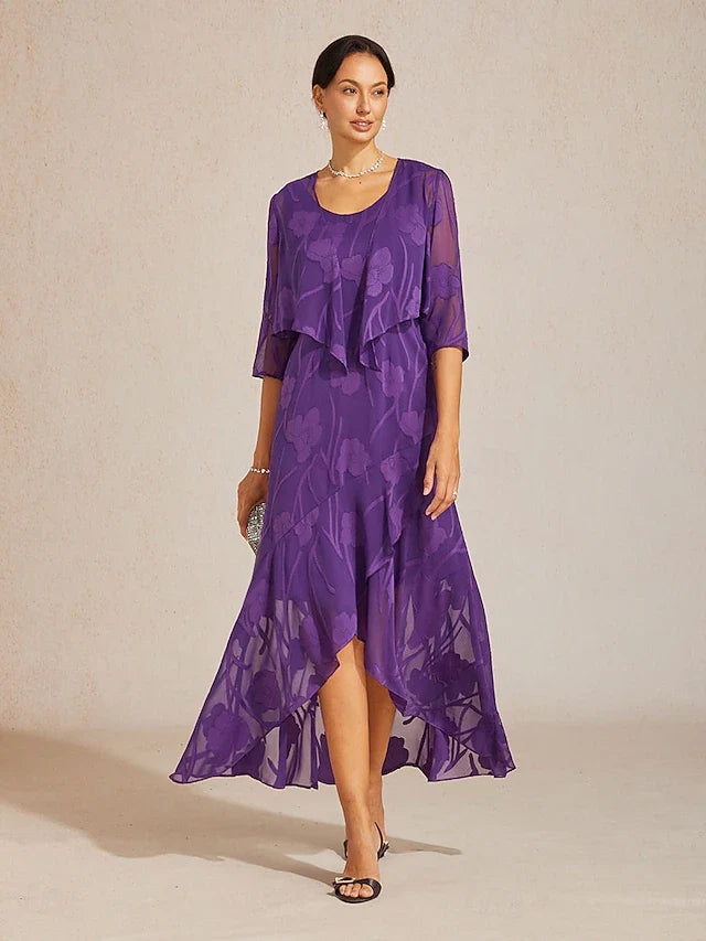 Elegant A-Line Scoop Neck Sleeveless Floral Asymmetrical Purple High-Low Prom Dress