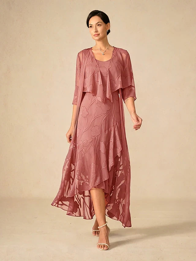 Elegant A-Line Scoop Neck Sleeveless Floral Dusty Rose Asymmetrical Prom Dresses With Jacket
