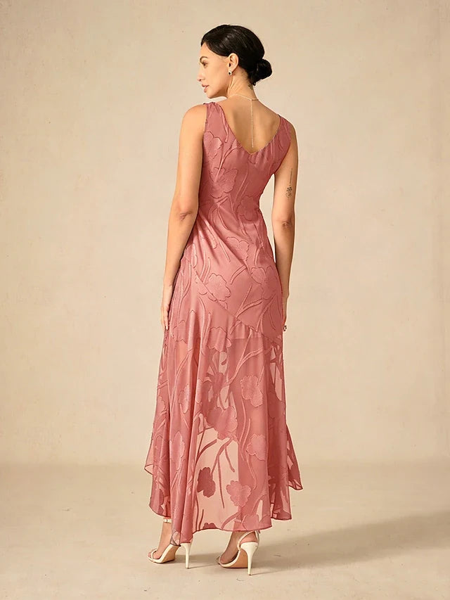 Elegant A-Line Scoop Neck Sleeveless Floral Dusty Rose Asymmetrical Prom Dresses With Jacket