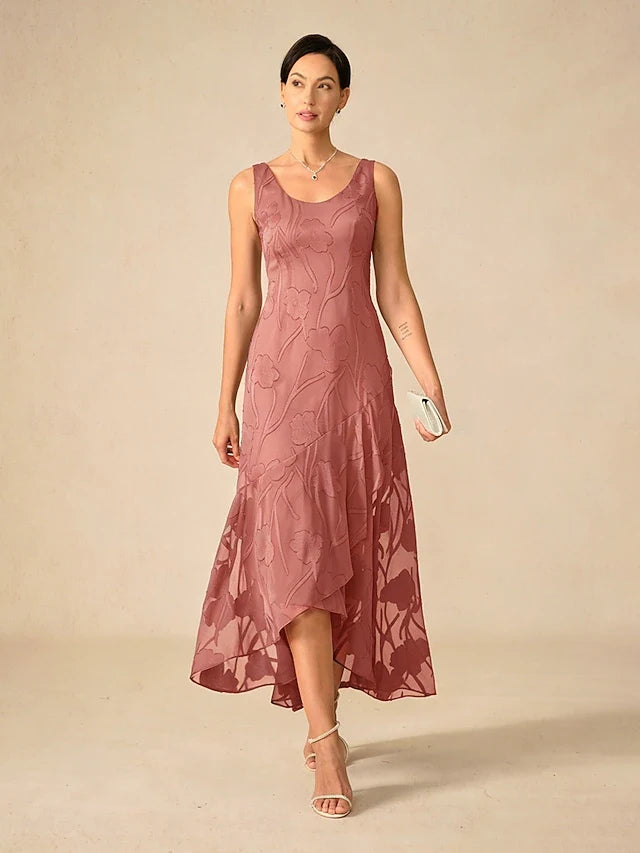 Elegant A-Line Scoop Neck Sleeveless Floral Dusty Rose Asymmetrical Prom Dresses With Jacket