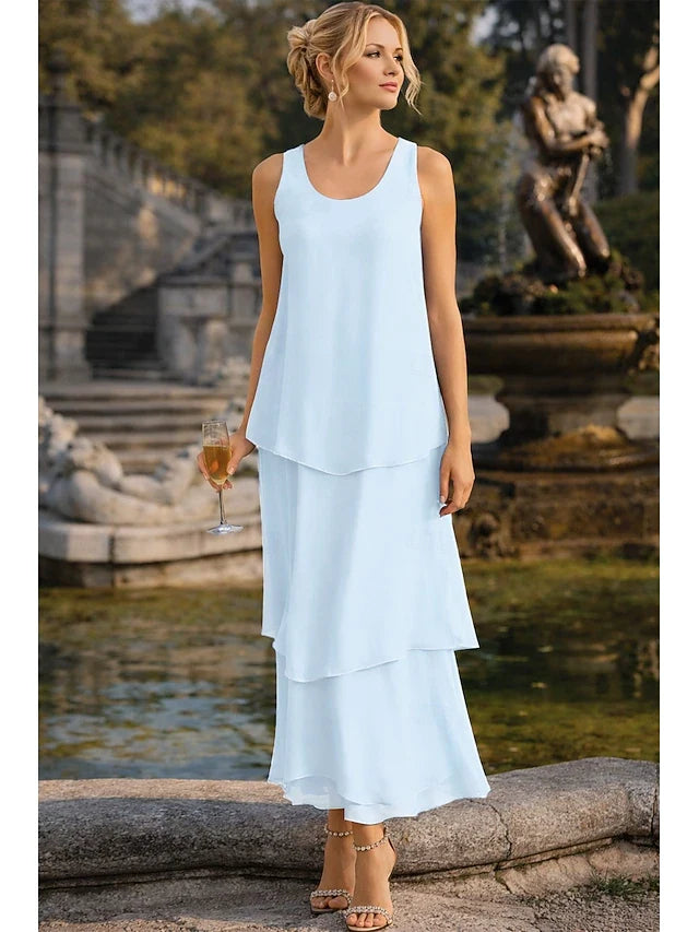 Elegant A-Line Scoop Neck Sleeveless Layered Light Blue Maxi Prom Dress