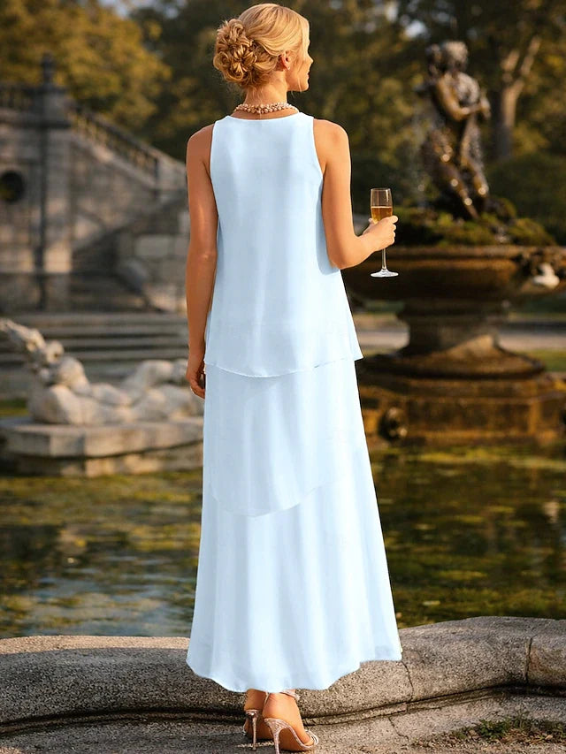 Elegant A-Line Scoop Neck Sleeveless Layered Light Blue Maxi Prom Dress