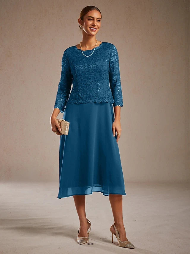 Elegant A-Line Scoop Neck Three-Quarter Sleeve Sequin Lace Teal Midi Prom Dress