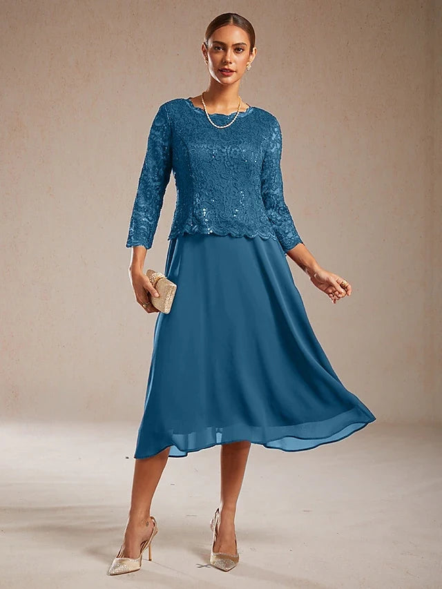 Elegant A-Line Scoop Neck Three-Quarter Sleeve Sequin Lace Teal Midi Prom Dress
