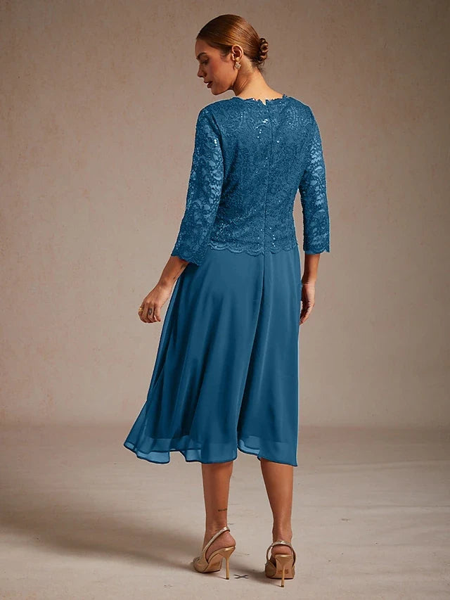 Elegant A-Line Scoop Neck Three-Quarter Sleeve Sequin Lace Teal Midi Prom Dress