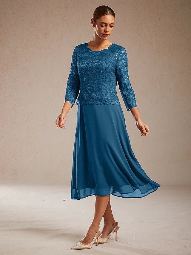 Elegant A-Line Scoop Neck Three-Quarter Sleeve Sequin Lace Teal Midi Prom Dress