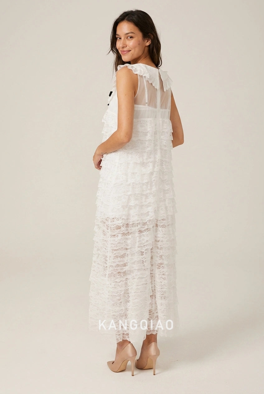 Elegant A-Line Scoop Neck Tiered Ruffle Lace Overlay Ivory Maxi Prom Dresses