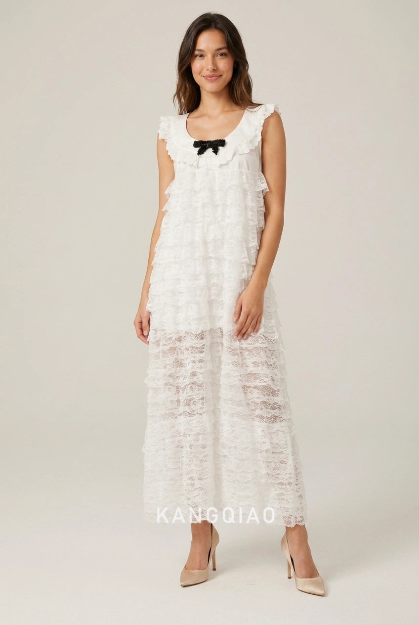 Elegant A-Line Scoop Neck Tiered Ruffle Lace Overlay Ivory Maxi Prom Dresses