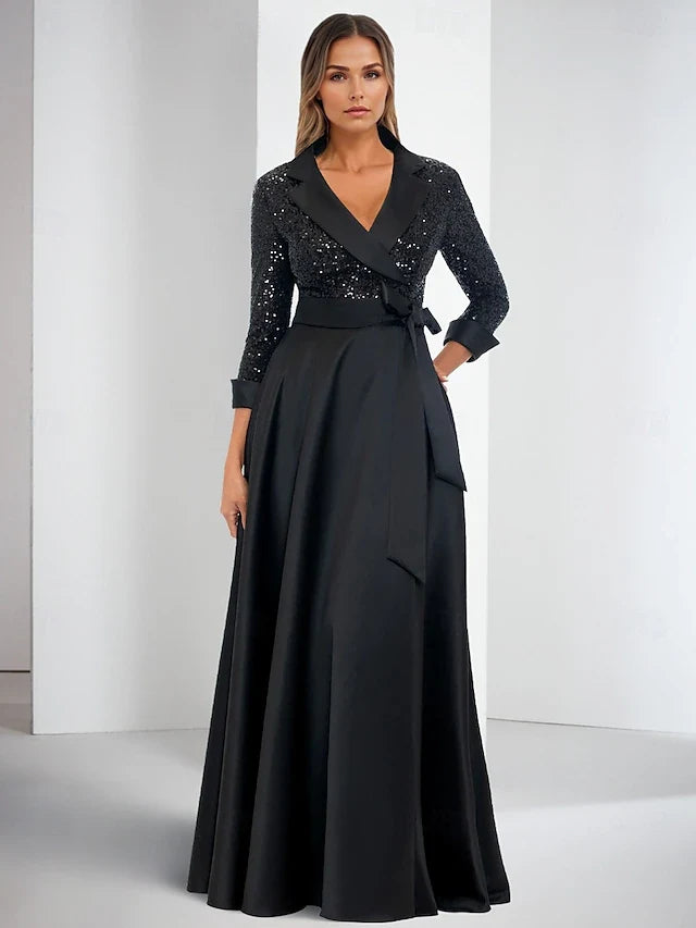 Elegant A-Line Sequin Bodice Wrap Black Floor-Length Prom Dress