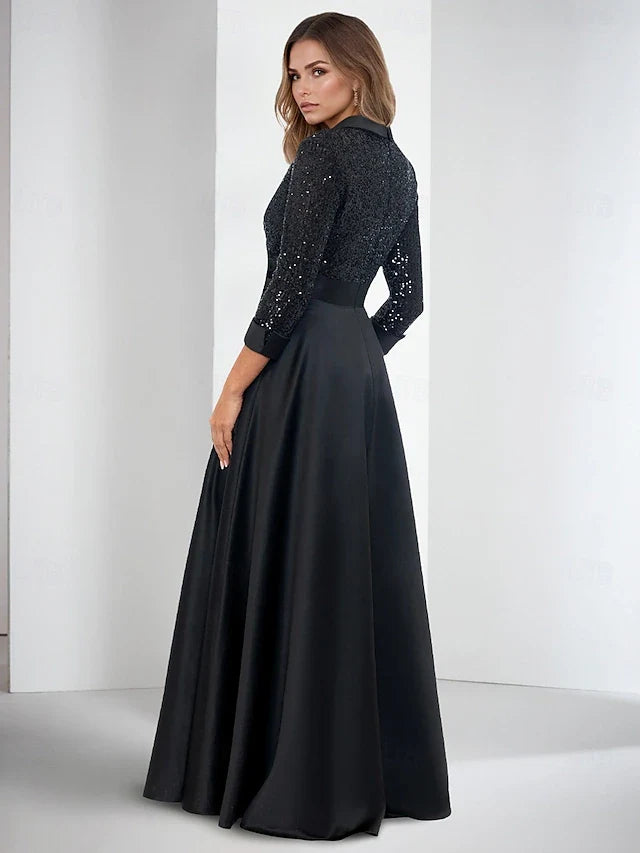 Elegant A-Line Sequin Bodice Wrap Black Floor-Length Prom Dress