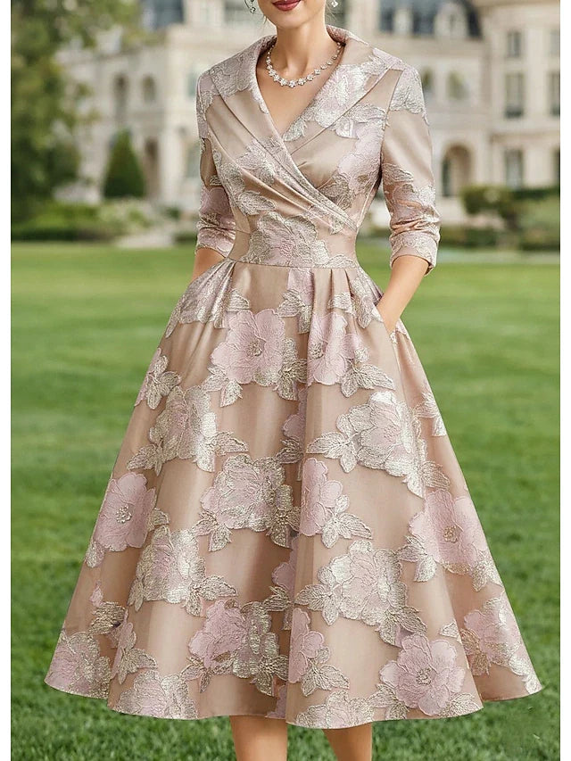 Elegant A-Line Shawl Collar Three-Quarter Sleeve Floral Nude Pink Midi Prom Dress